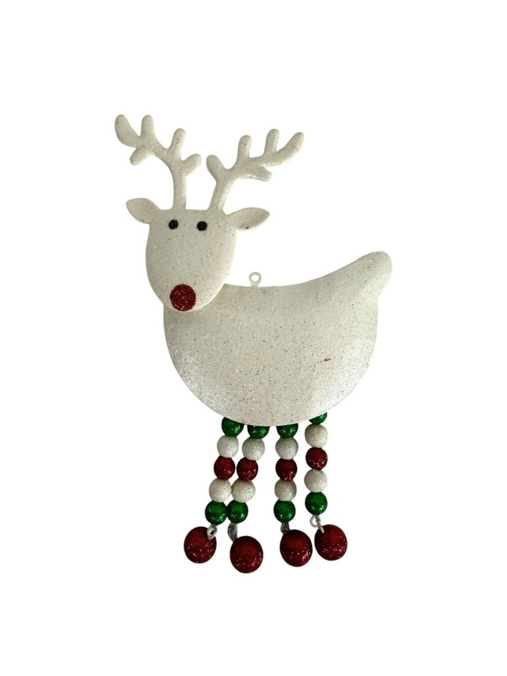 Pier 1 White Glitter Reindeer Red Green Dangling Beaded Legs Bobble Ornament